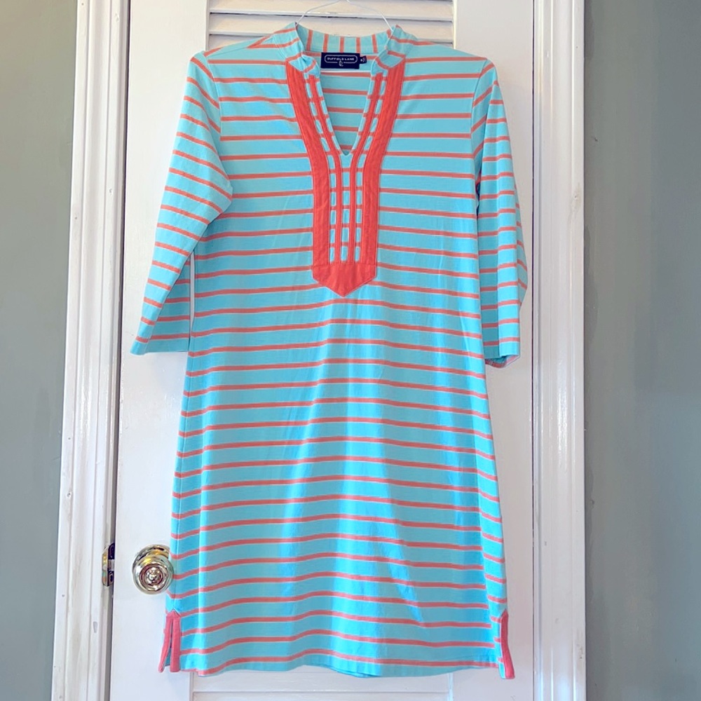 Duffield Lane Cabana Stye Aqua and Coral Striped Dress | Medium